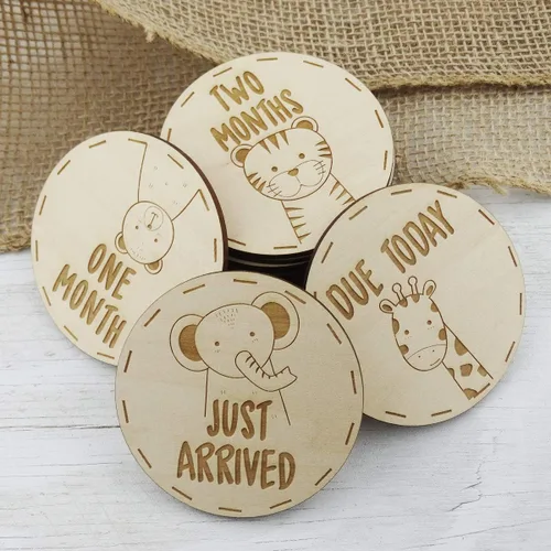 Vista 4 de Accesorios de recuerdo de fotografía de hitos mensuales de animales, madera grabada con láser, 14 piezas de círculos de 3.5 pulgadas