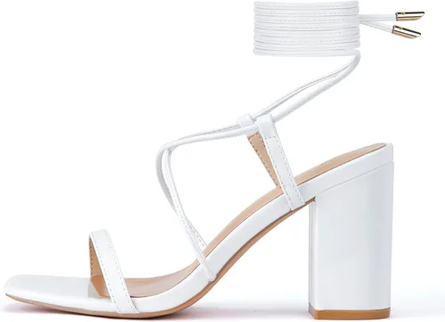 Vista 6 de GENSHUO Square Toe Sandals Women Lace up Chunky High Heels Strappy Sandals Block Heeled Homecoming Wedding Dress Shoes