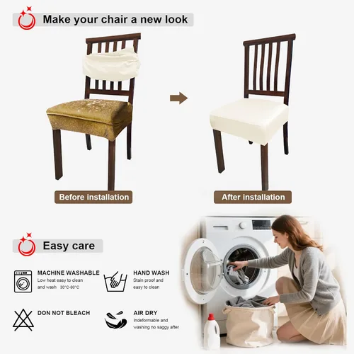 Vista 7 de Juego de 4 fundas de asiento impermeables de piel sintética para sillas de comedor, fundas de asiento suaves para sillas de comedor, funda Beige