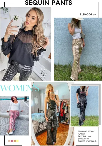 Vista 5 de BLENCOT Pantalones acampanados para mujer de cintura alta pierna ancha pantalones de palazzo con lentejuelas brillantes
