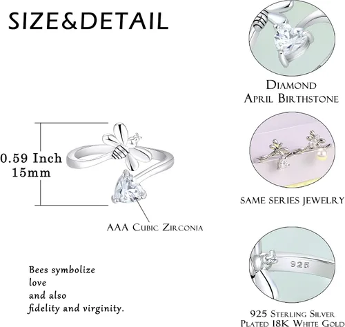 Vista 5 de FJ Anillo abierto de plata de ley para mujer, con piedra natal (anillo ajustable)