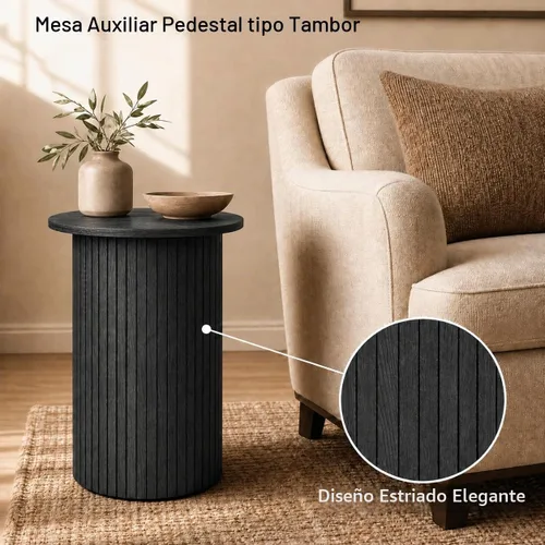 Vista 6 de GIANTEX Mesa auxiliar redonda, mesa auxiliar de tambor moderna acanalada de Negro