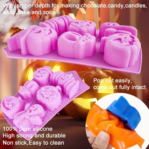 Vista 5 de Moldes de silicona para chocolate, 5 unidades, calabaza, murciélago, cráneo, fantasma, araña, moldes para hornear, cavidad grande, mediana y pequeña