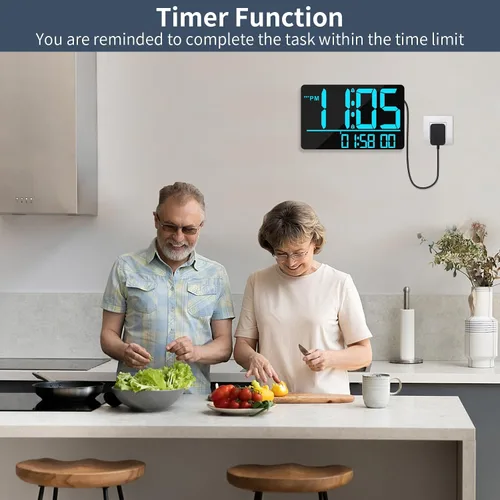 Vista 6 de PERSUPER Reloj de pared digital de 13" con pantalla grande con control remoto, 25 melodías de alarma, temperatura, calendario, brillo automático