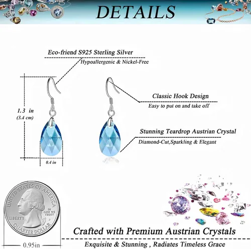 Vista 35 de Aretes colgantes de cristal austriaco con forma de lágrima para mujer, joyería hipoalergénica de plata de ley 925