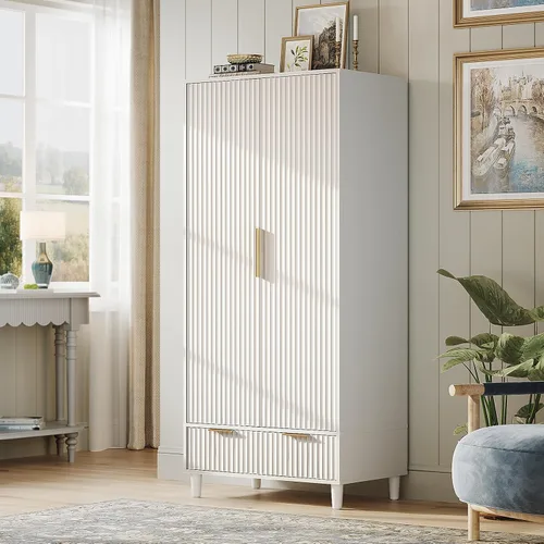 Vista 16 de VINGLI Armario Ropero Acanalado con Puertas y Cajones, Gabinete Armario con Barra para Colgar, Armario de Dormitorio de Madera de Roble, Armario