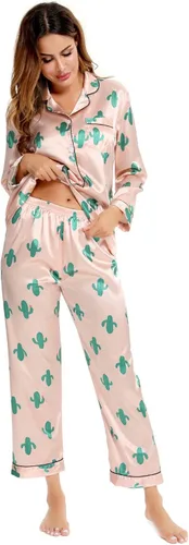 Vista 3 de SWOMOG - Conjunto de pijama de dos piezas, de satén de seda con botones, para mujer