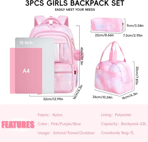 Vista 5 de Tanou Mochila con lonchera para niñas, Rosado, Juego de mochila escolar para niña