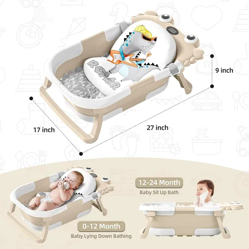 Vista 2 de Bañera plegable para bebés desde recién nacidos hasta niños pequeños con monitor de temperatura en tiempo real + cojín flotante, juego de bañera
