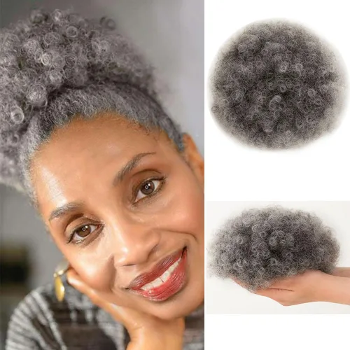 Vista 8 de MOONSHOW Extensión de cola de caballo afro con cordón para mujeres negras, extensión de moño corto afro rizado, extensiones de cabello sintético