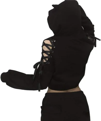 Vista 5 de Sudadera con capucha para mujer con orejas de gato, manga larga, hombros descubiertos, bonita sudadera con capucha