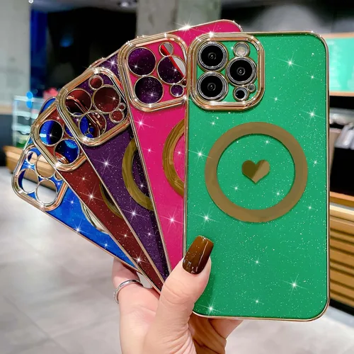 Vista 6 de Funda magnética con purpurina compatible con iPhone 12 Pro de 6.1 pulgadas, funda de lujo con diseño de corazón de amor, compatible con MagSafe