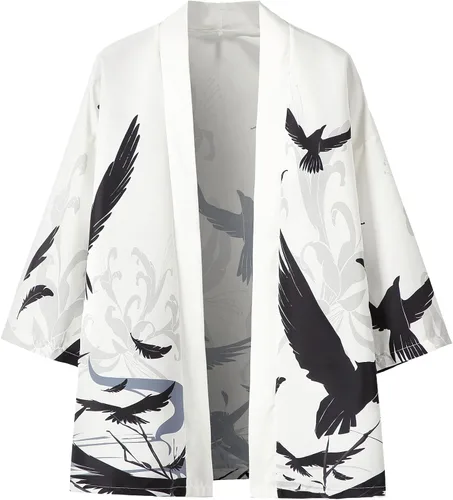 Vista 3 de PRIJOUHE Kimono japonés para hombre, holgado, frente abierto, manga siete kimono, chaqueta con pantalones cortos