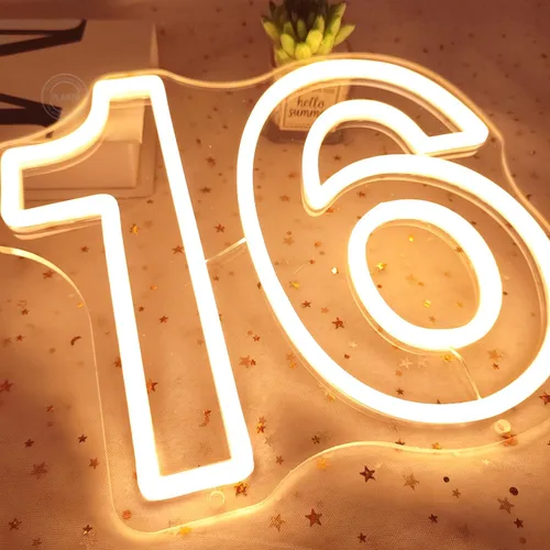 Vista 5 de Planzo 16 Dieciséis LED Neon Sign Light 16th Birthday Party Gift Decoración de pared Backdrop Bedroom Living Room Neon Light Sign Decor, Happy
