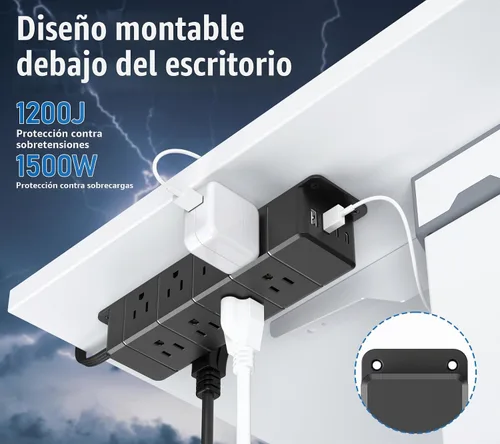 Vista 5 de Regleta de alimentación de carga rápida de 40 W para debajo del escritorio con interruptor, regleta de alimentación montable de 12 salidas con 4