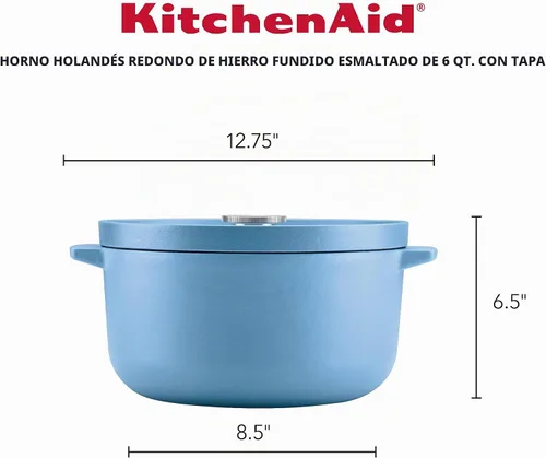 Vista 2 de KitchenAid - Horno holandés/cacerola de hierro fundido esmaltado, 6 cuartos de galón, Azul Terciopelo