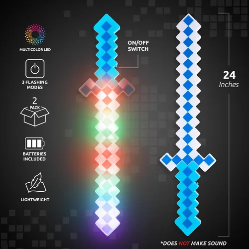 Vista 3 de Fun Central Paquete de 2 espadas de juguete LED de 24 pulgadas con luz azul Pixel de 8 bits para niños, juego de luces intermitentes, rellenos