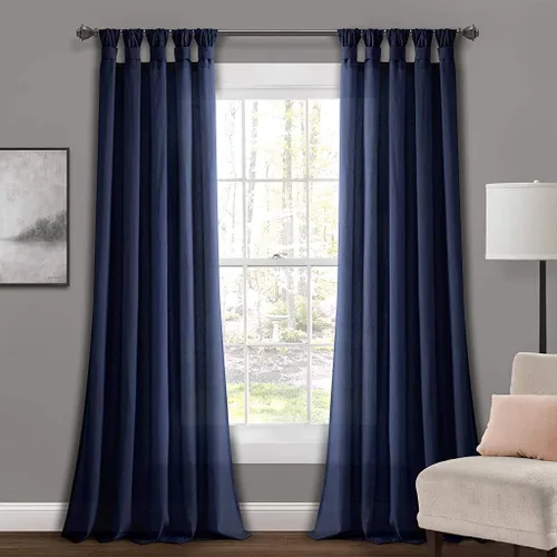 Vista 10 de Lush Decor Par de cortinas de ventana con solapas anudadas de yute, 45" x 84", azul