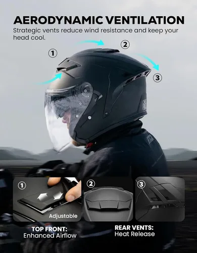Vista 5 de XFMT 3/4 Open Face Motorcycle Helmet Dual Visor Moped Street Bike Scooter Helmet with Internal Sunshield for Adults Men & Women, DOT Approved