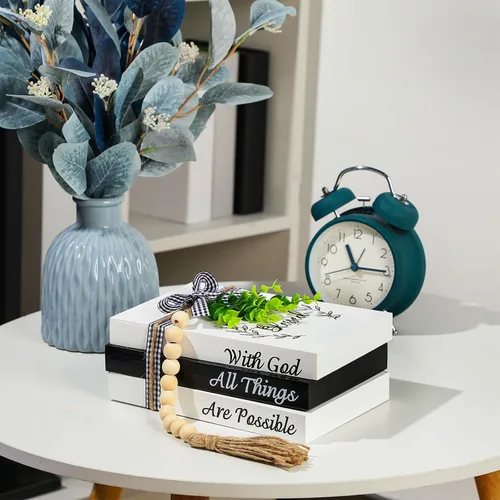 Vista 5 de Capoda 3 piezas de libros decorativos para decoración del hogar, libros falsos apilados estilo granja, decoración de mesa rústica de madera