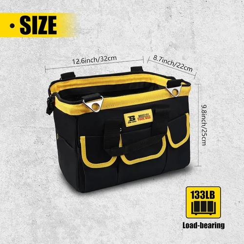 Vista 2 de Bolsas de herramientas de 13 pulgadas con parte inferior suave impermeable, múltiples bolsillos de boca ancha para herramientas con correas