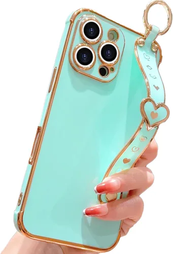Vista 27 de IDweel Funda para iPhone 11 Pro Max con correa de pulsera ajustable, lazo atril, chapado de lujo de corazón, esquinas elevadas, a prueba de golpes