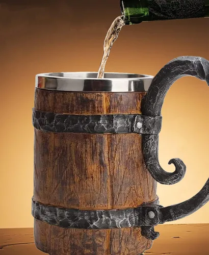 Vista 5 de Taza de cerveza de madera, barril de cerveza, taza vikinga grande estilo de madera, jarra de cerveza con asa, regalos antiguos para hombres, bares