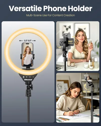 Vista 6 de UBeesize Anillo de luz LED de 12 pulgadas con soporte de trípode de 62 Luz para selfie regulable para grabación de video, transmisión en vivo Negro