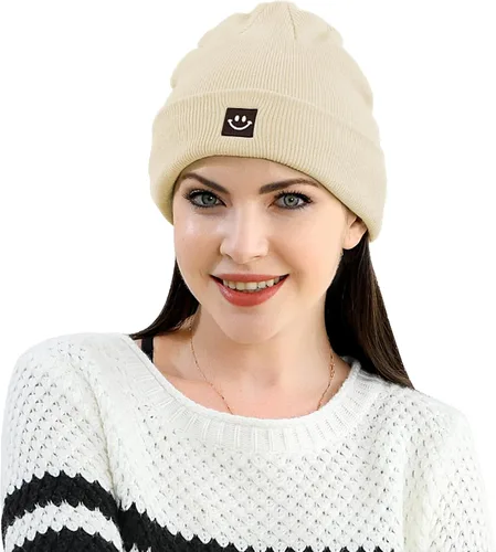 Vista 5 de MaxNova Gorro para mujer y hombre, diseño de cara sonriente, gorro de invierno, 2 paquetes