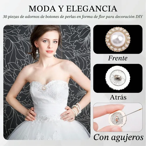 Vista 4 de 30 botones de perlas sintéticas, botones acrílicos de perlas retro vintage dorados, redondos, de cristal, para coser, para manualidades, 0.91 Perla