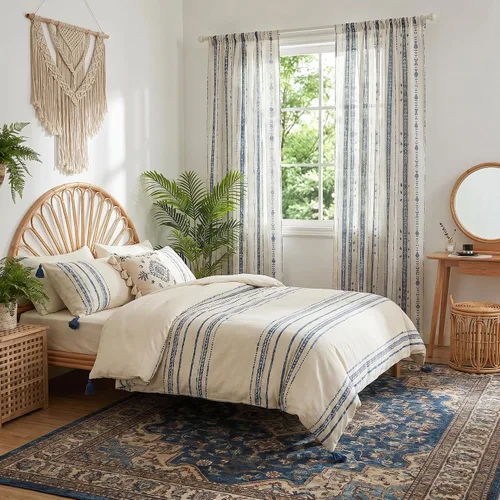 Vista 8 de Juego de 2 paneles de cortinas de lino bohemio, cortinas de semi privacidad para sala de estar, cortinas rústicas de campo de 54 pulgadas de largo
