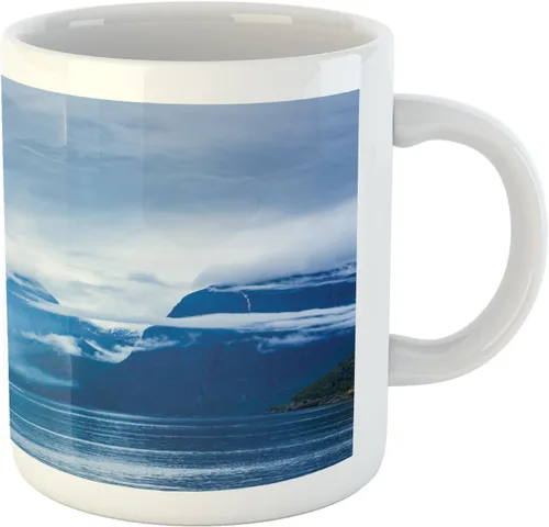 Vista 2 de Lunarable Taza navideña, Cruise Liners on Hardanger Fjorden, Noruega Mountain Summer Holidays Landscape, taza de café de cerámica para bebidas de té