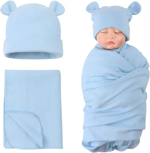 Vista 10 de PESAAT Conjunto de gorro de algodón para bebé, sombreros para recién nacidos, mantas de recepción para bebés niños y niñas Verde militar