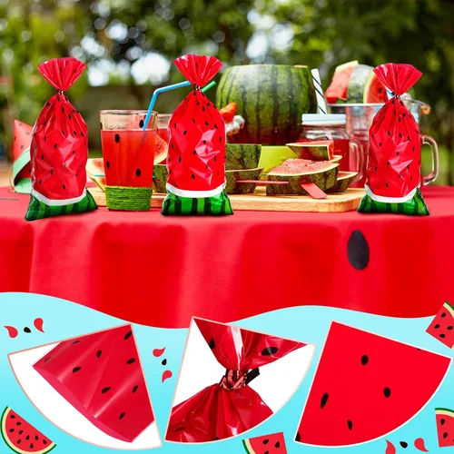 Vista 5 de 100 bolsas de sandía para dulces de celofán, bolsas de plástico de melón a granel con 200 lazos giratorios para regalo de fiesta de cumpleaños