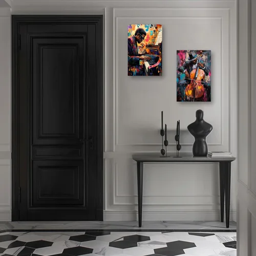Vista 2 de PBXBJY Arte de pared de música negra, impresiones en lienzo de jazz, 2 piezas afroamericanas tocando piano y violín, póster con temática de música