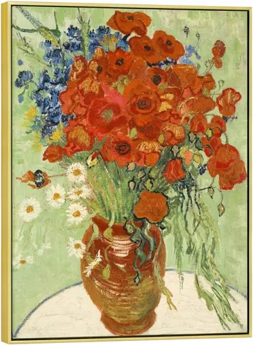 Vista 13 de Wieco Art - Arte enmarcado para pared de "Varios amapolas rojas y margaritas" por Vincent Van Gogh, reproducción de pinturas, lienzos abstractos