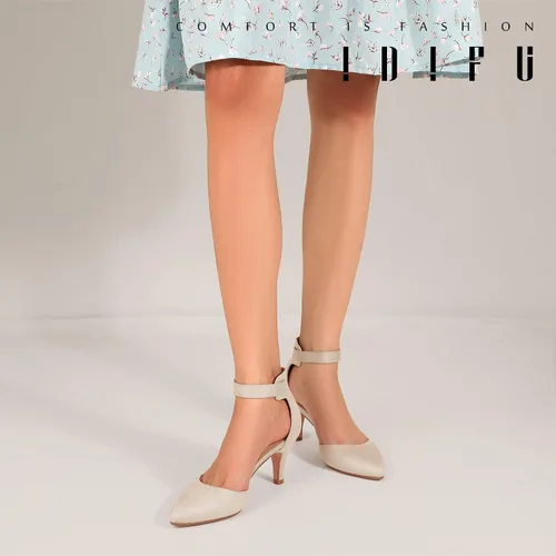 Vista 6 de IDIFU IN3 D'Orsay Zapatos de tacón bajo para mujer, zapatos de vestir puntiagudos con puntera cerrada, correa de tobillo para novia, elegante