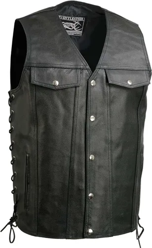 Vista 10 de EVENT LEATHER EL1310GO Hombres Clásico Estilo Occidental Botón de Presión Negro Chaleco de Cuero para Motociclistas