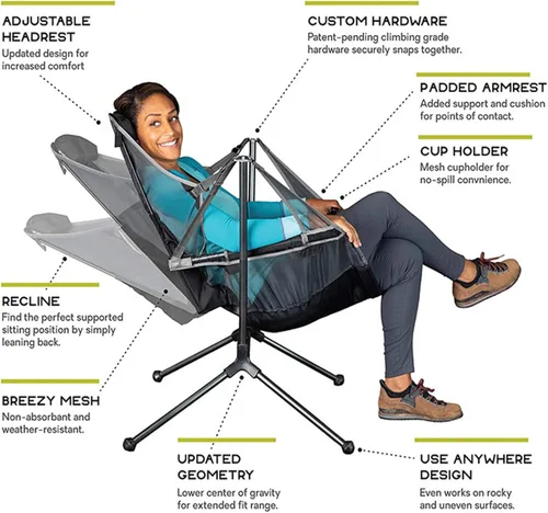 Vista 4 de Silla mecedora para campamento, hamaca con respaldo ajustable, silla plegable para camping, con reposapiés, silla reclinable plegable