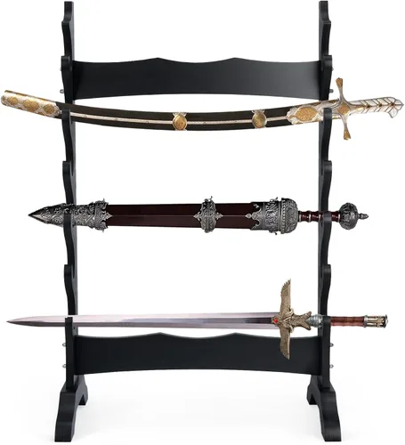 Vista 5 de lukar Soporte de espada de 6 niveles, soporte de exhibición de espadas multicapa, estante de madera para espadas, soporte de piso grande para Katana