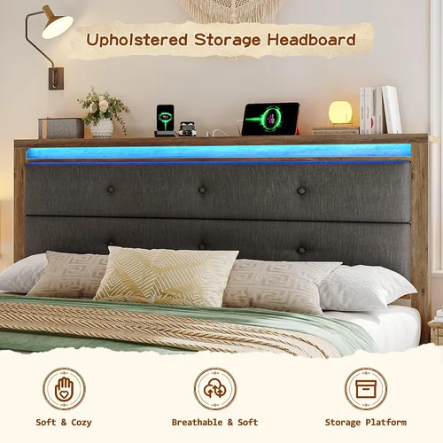 Vista 3 de EnHomee Base de cama de tamaño matrimonial con carga USB y tipo C y luces LED, cabecera de almacenamiento tapizada, cama de plataforma de madera