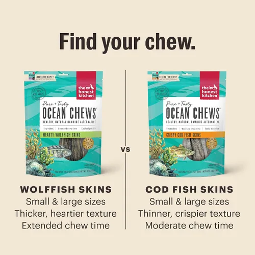 Vista 4 de The Honest Kitchen Golosinas para perros Human Grade Ocean Chews™ Hearty Wolffish Skins, 3.25 oz (Beams™)