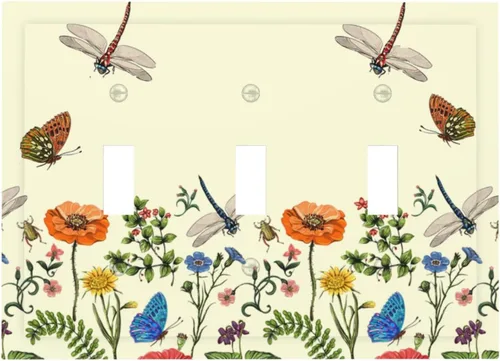 Vista 14 de Placa de Pared en Blanco de 1-Gang Sin Dispositivo Beige Lindo Vintage Boho de los 70s Hongo Fungus Planta Floral Botánica Libélula Interruptor