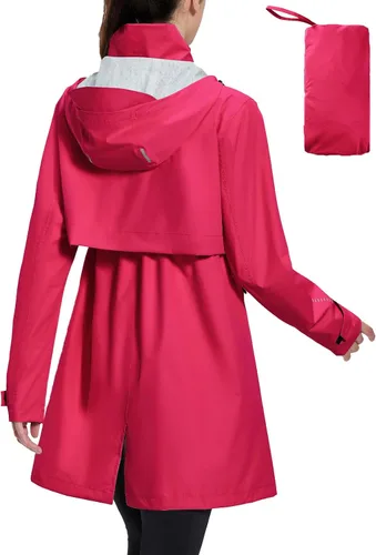 Vista 11 de baleaf Abrigo de lluvia largo para mujer, chaqueta de ciclismo plegable, impermeable, cortavientos, ligera, con capucha