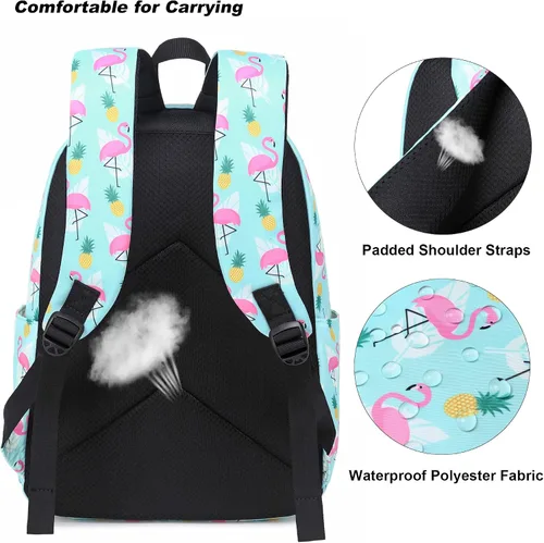 Vista 5 de Yusudan Juego de mochila escolar para niñas, mochila escolar para niños y adolescentes, con bolsa de almuerzo y bolsa para lápices, Verde flamenco