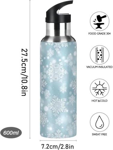 Vista 9 de Botella de agua aislada con copos de nieve blancos plateados de 32 onzas, botella de agua deportiva sin BPA aislada a prueba de fugas