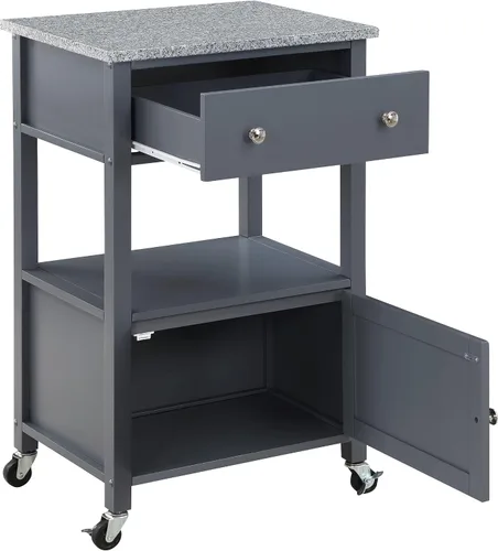 Vista 9 de OSP Home Furnishings Fairfax Farmhouse - Carrito de cocina con parte superior de granito, armario de almacenamiento rodante con toallero, estante
