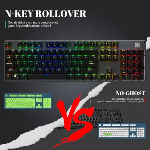 Vista 5 de Black Emblem Teclado mecánico para juegos con interruptores azules clicky, retroiluminación RGB de tamaño completo de 104 teclas teclado programable