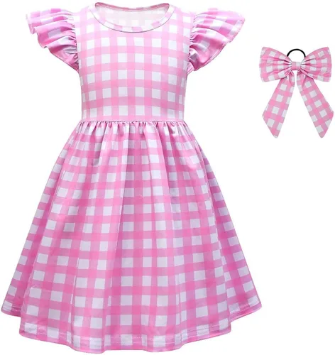 Vista 3 de ODASDO Vestido de cuadros rosa para niñas, disfraz de Halloween de los años 50, vestido a cuadros para fiesta de cumpleaños, sombrero y lazo