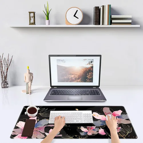 Vista 4 de DINKY Alfombrilla de escritorio con diseño de flor negra, alfombrilla grande para mouse con reposamuñecas, 4 en 1 XXL, reposamuñecas para teclado